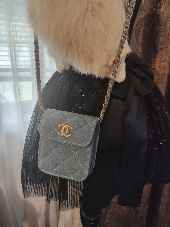 The Unbranded Brand Handbags - Quilted Novelty Denim Mini Crossbody in Faded Blue with Gold Hardware